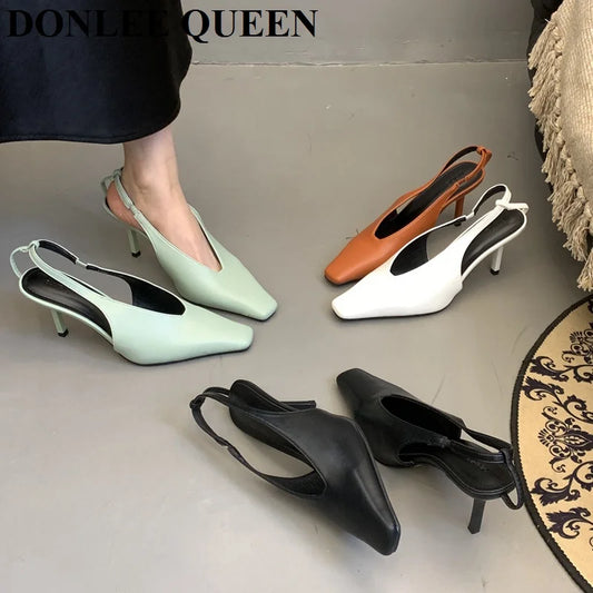 2026 New Spring Women Sandals Fashion Thin High Heels Pumps Square Toe Shallow Women's Shoes For Party Dress Mules Zapatos Mujer