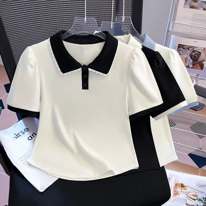 Women Peter Pan Collar Short Sleeve T Shirt Summer New Design False Two Piece Top Blouse