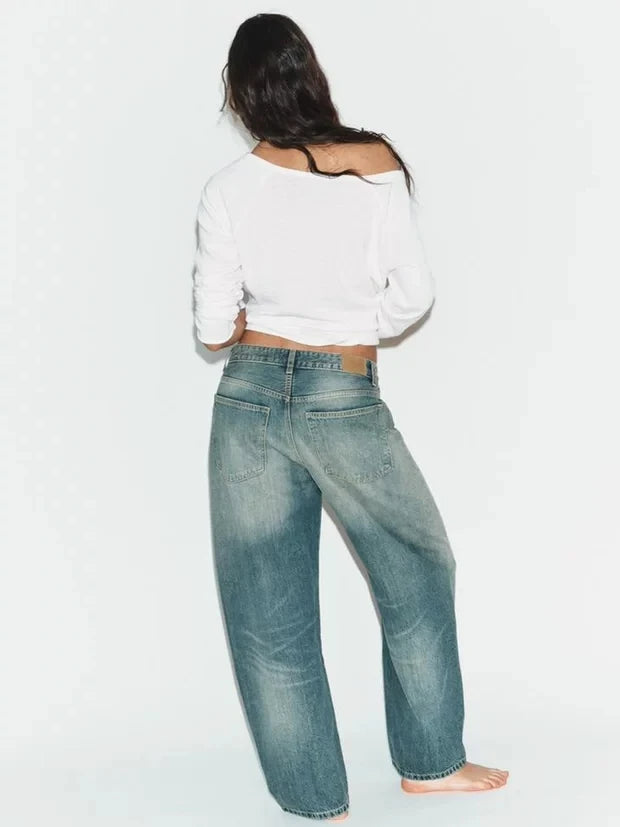 Fashionable Loose Balloon Cut mid Waist Denim Jeans Women's Autumn Zipper Style Casual Low Waist Jeans Stylish Loose Fit