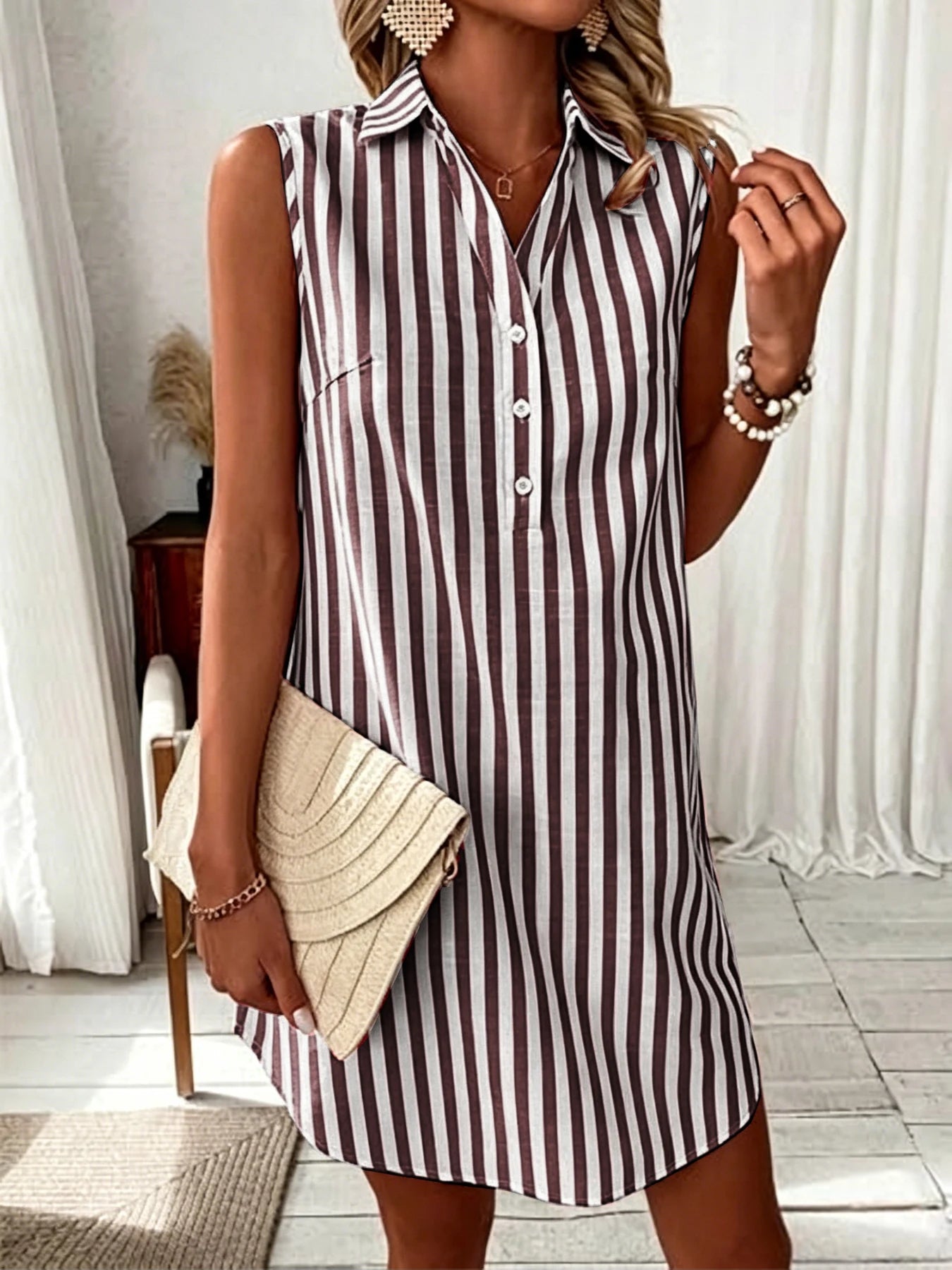 Women's Summer New Sleeveless V-Neck Button Striped Shirt Dress, Casual Short Daily Wear,  Comfortable Fashion