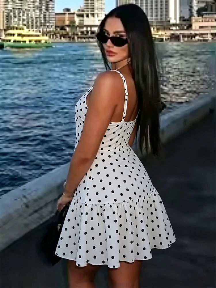 Polka Dot Print Halter Sleeveless Backless Cami Dress, Sexy Slim Fit Mini Dress, Summer Women's Fashion Outfit for Party Holiday