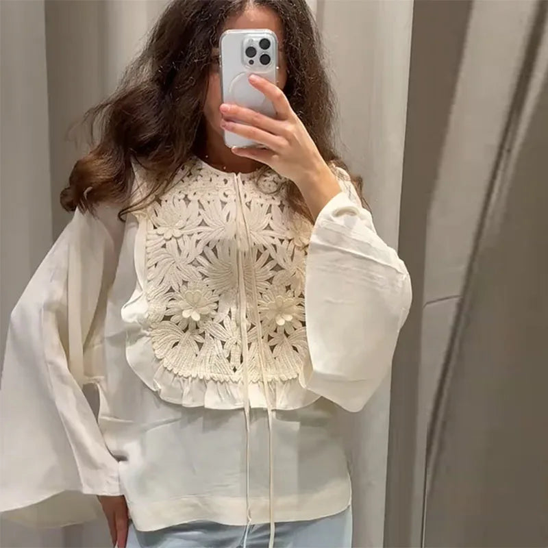 Floral Hollow Embroidery Mini Skirt Sets Women 2 Pieces Flare Sleeved Women