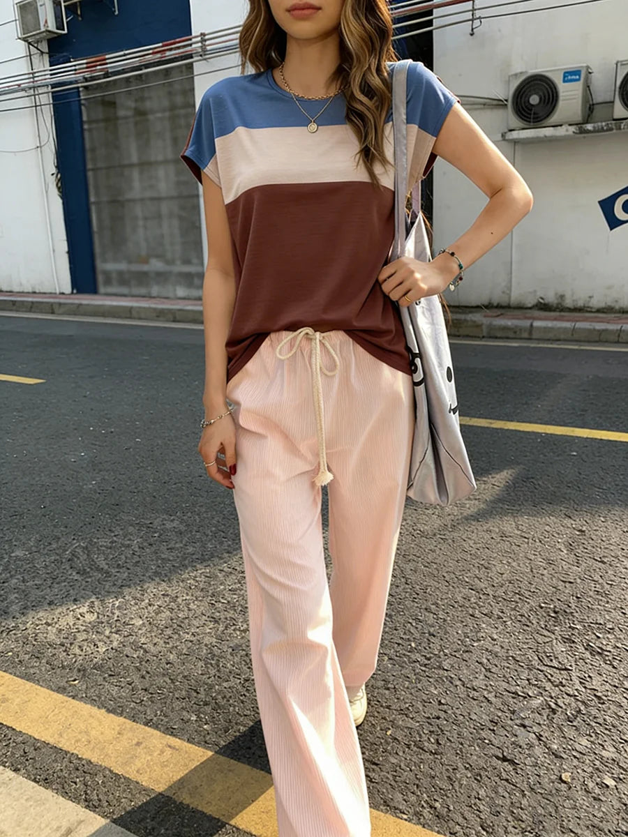 Women's T-Shirt Round Neck Short Slv Color Block Soft Loose Tops Casual Tee Spring Summer Trendy T-Shirt Daily Breathable Tops