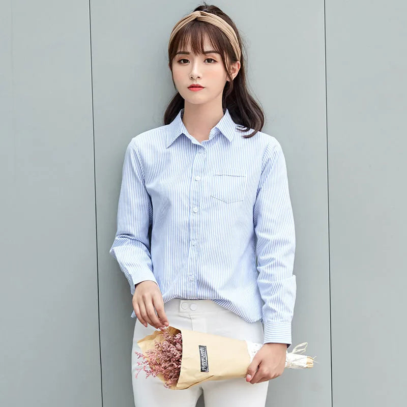 Cotton White Blue Pink Striped Shirt Women 2026 Spring New Simple Casual Lapel Long Sleeve Blouses & Tops Office Ladies Clothes