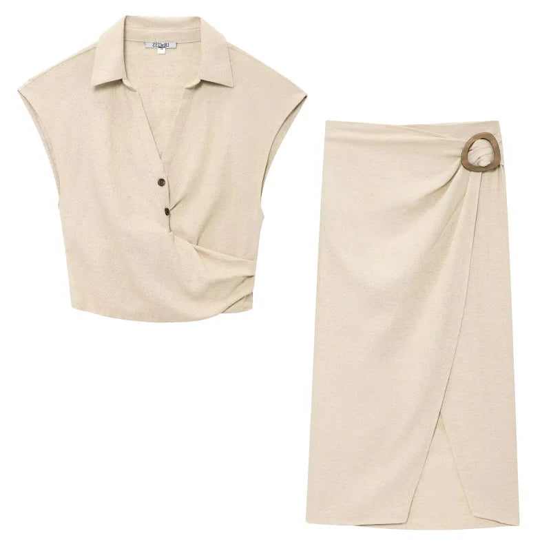 in found today ETJ 2026 new women's elegant fashion casual suit pleated lapel sleeveless blouse & comfortable MIDI skirt with buttons
