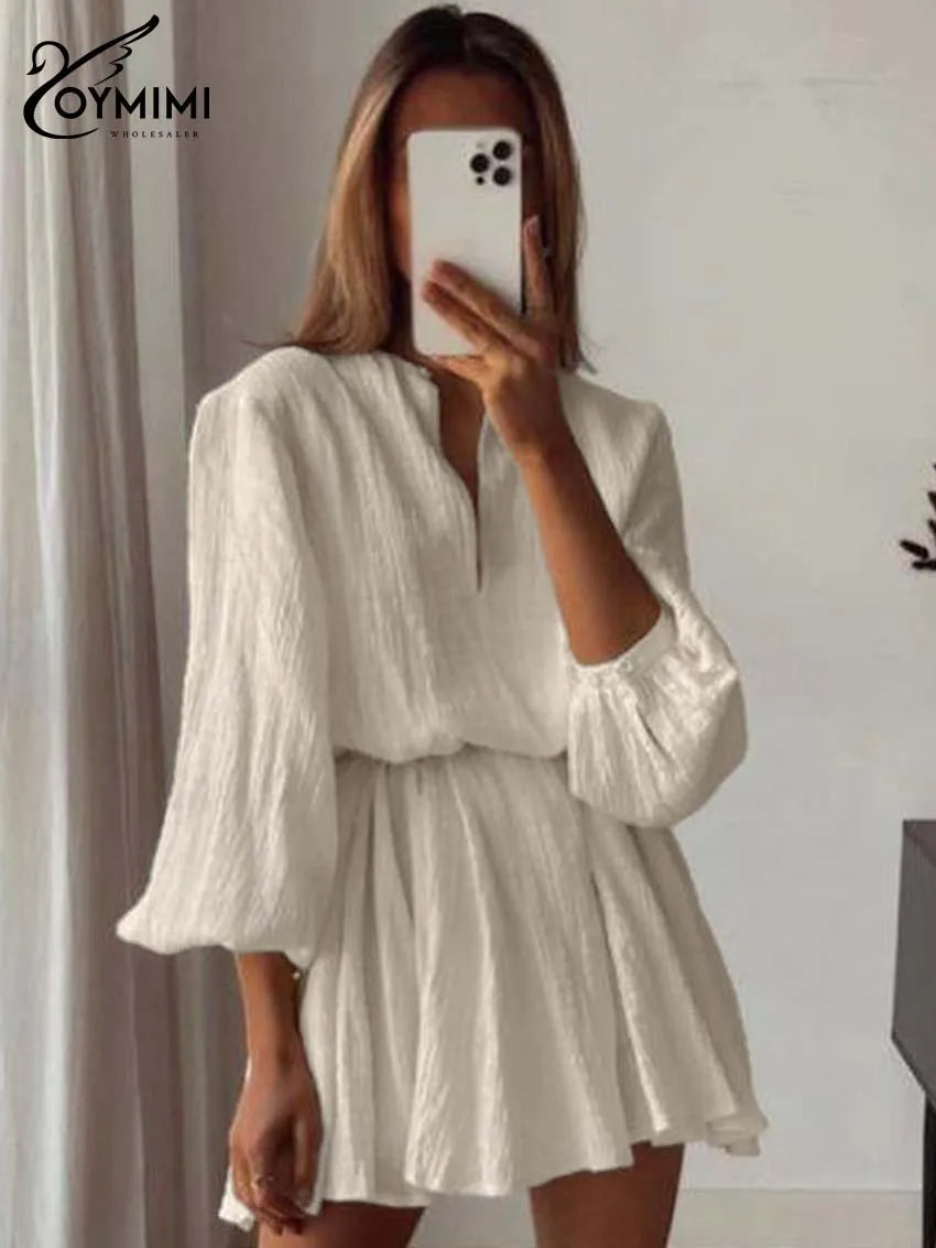 Oymimi Elegant Beige Cotton Womens Dresses Fashion V-Neck Long Sleeve Lace-Up Dresses Casual Loose Pleated Mini Dress Streetwear