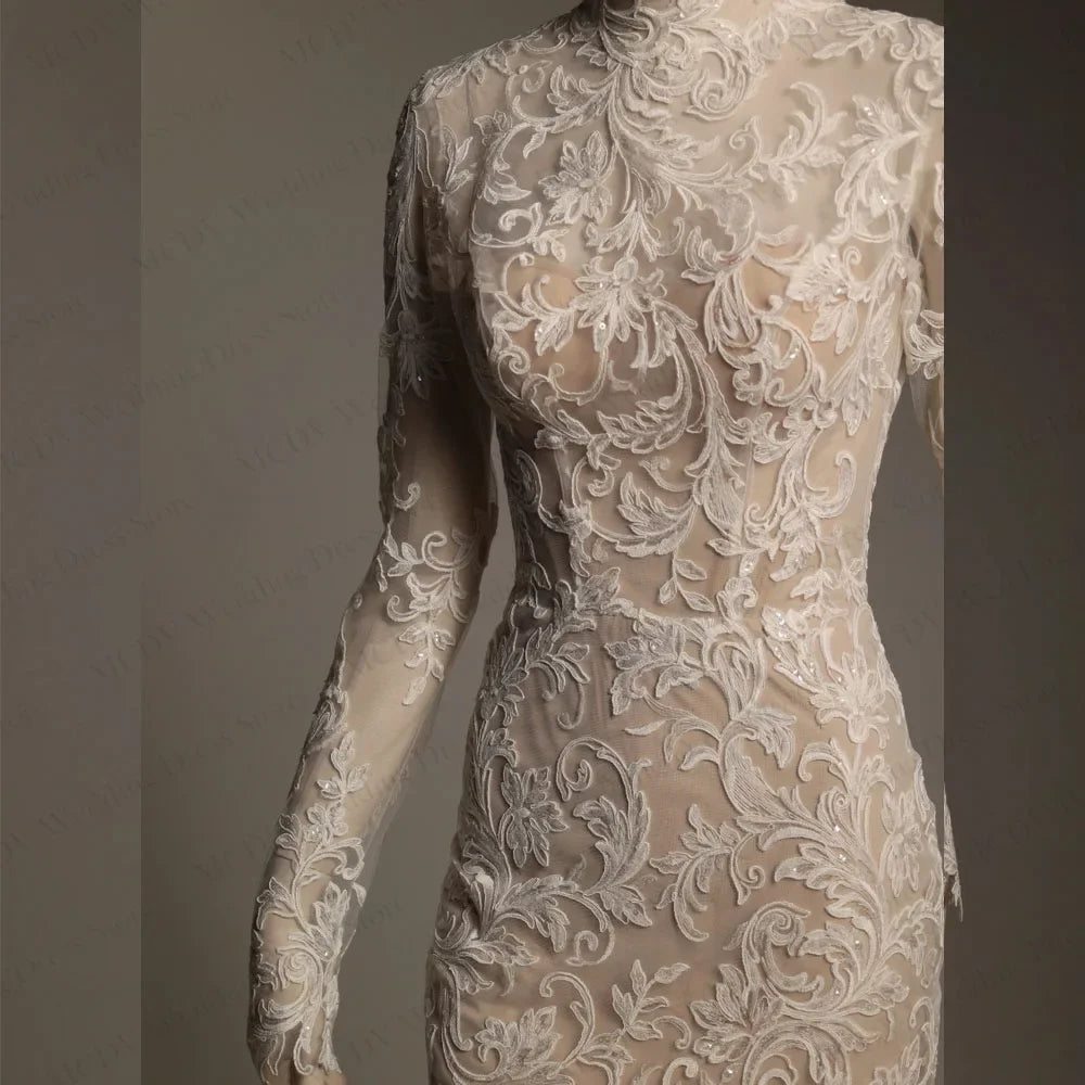MCDV Civil Lace Wedding Dress Full Sleeves High Neck Mini Bride Party Gown Above Knee Customized reception dresses for weddings