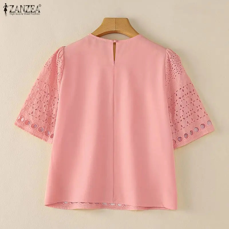 ZANZEA Summer Openwork Embroidered Woman Blouses O-Neck Half Sleeve Patchwork Pullover Tops Bohemian Casual Blusas de Mujer