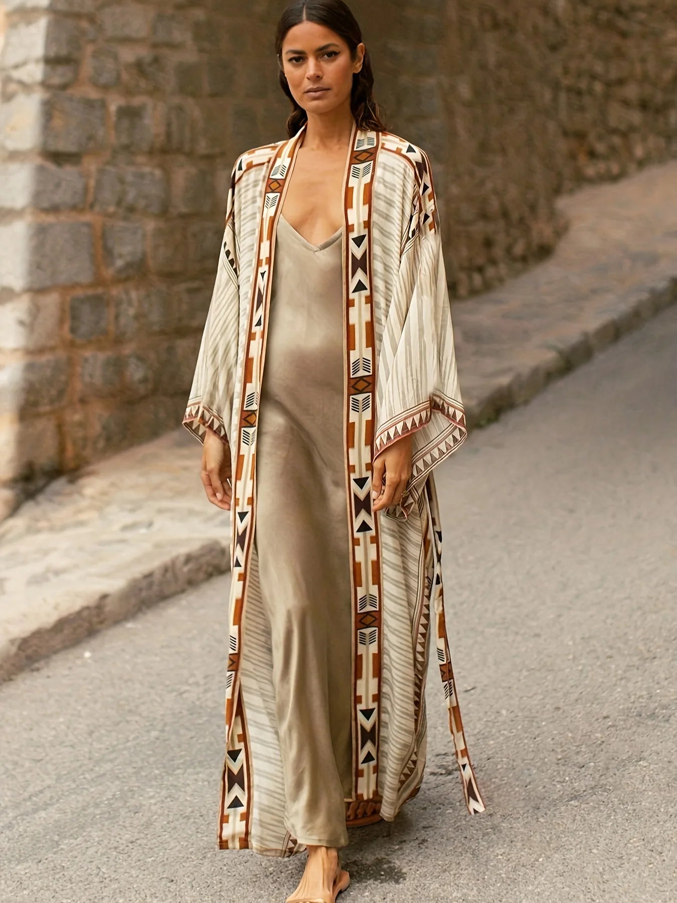 Beach Cover Up Over Sized Kimonos Women's Geometry Print Rayon Kimonos with Belt for Summer