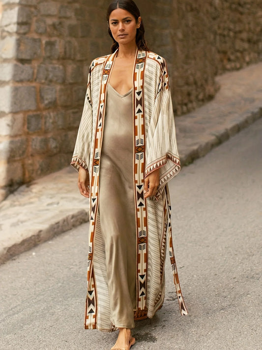 Beach Cover Up Over Sized Kimonos Women's Geometry Print Rayon Kimonos with Belt for Summer