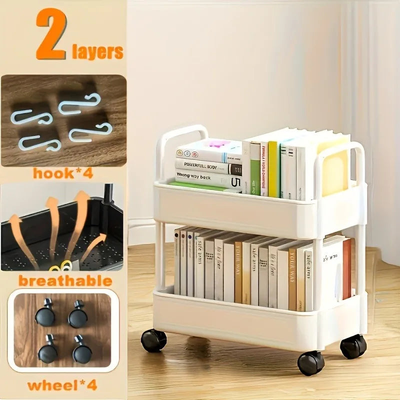 2-Tier Rolling Cart with Wheels, Removable Shelves & Hooks, Multipurpose Organizer for Kitchen, Office, Bathroom, Bedroom
