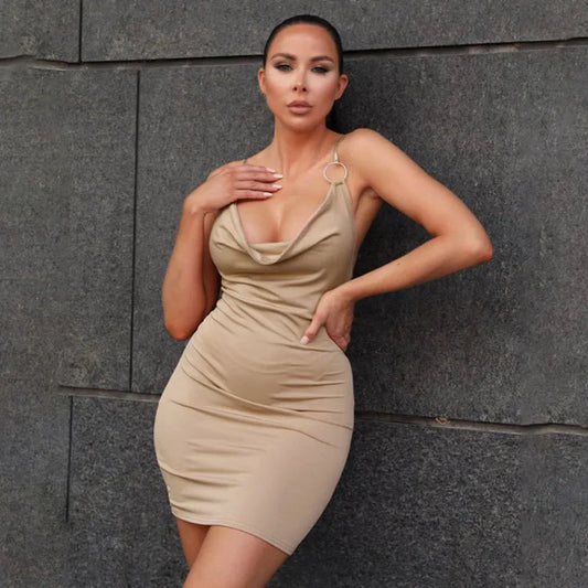 New Cross border  Sexy V-neck Ring Buckle Milk Silk Sling Wrap Hip Dress