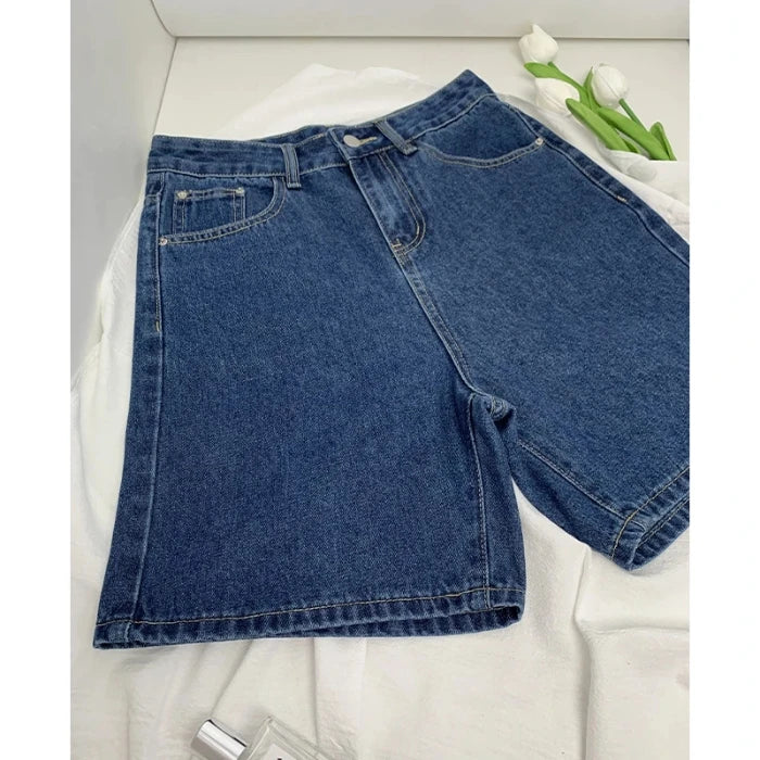American Retro Blue Wide Leg Denim Shorts Women's Spring Summer New High Waist Slimming Loose Fit Thermal Pants Y2K