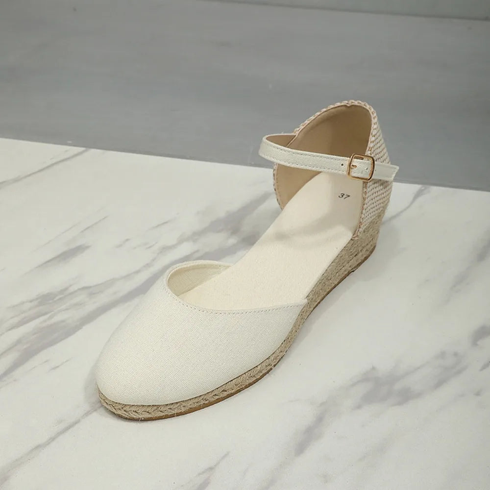Baotou Sandals for Women's 2026 Summer Grass Woven Hemp Rope Slope Heel Shoes Women Round Toe Thick Sole Buckle Womens Sandals