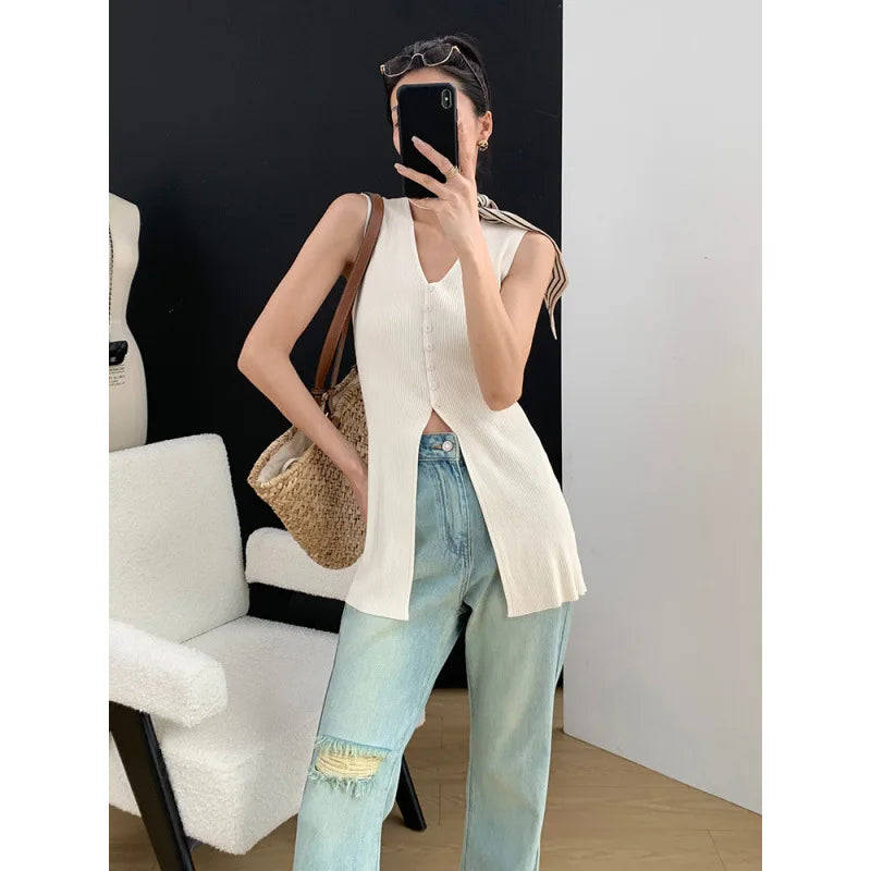 Elegant Women's Knitted Sleeveless V-Neck Cardigan Slimming Mid-Length Summer New Arrival White Pure Color Fashion Commute
