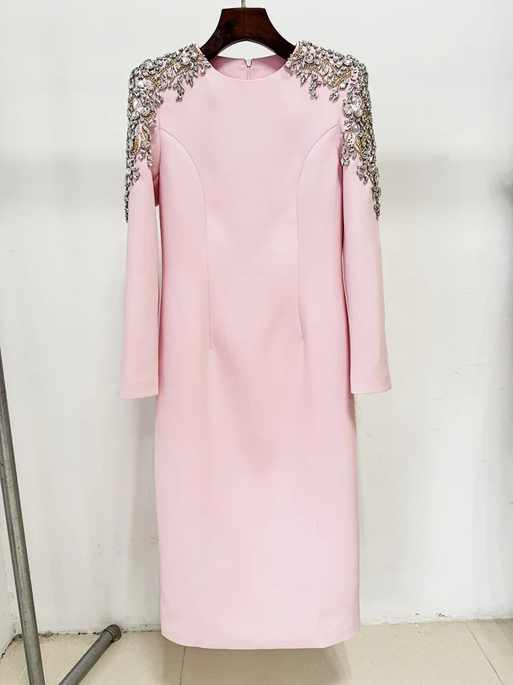 HIGH STREET Newest 2026 Designer Fashion Women's Long Sleeve Diamonds Beaded  Long Sleeved Dress