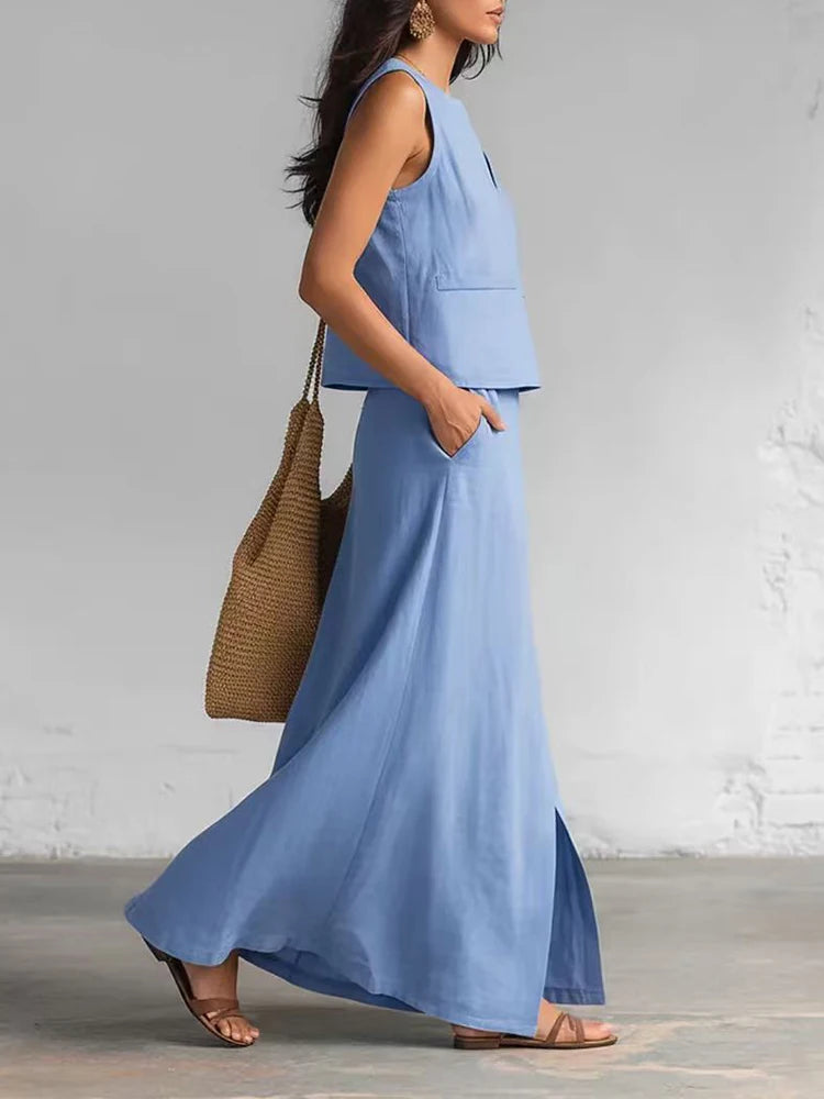 Women's Elegant Split Loose Long Skirt Suit Sexy V-neck Sleeveless Vest & Skirt Set Casual Cotton Linen Solid Two Piece Outfits