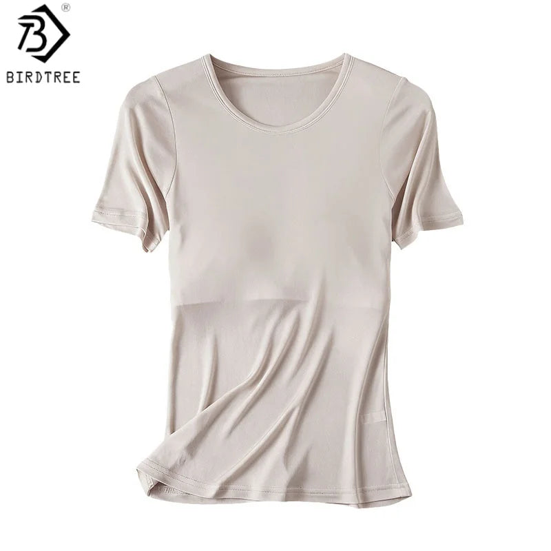 Birdtree, 22% Real Silk Solid Tshirt, With Built-in Bra, Women Short Sleeve O-neck Loose Soft Shirt, 2026 Spring New T63428JF
