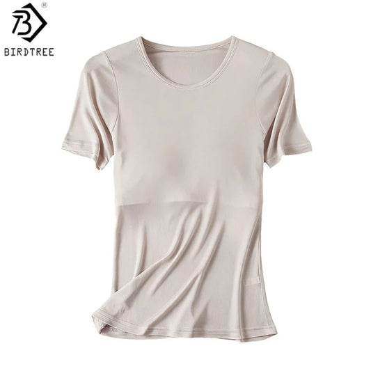 Birdtree, 22% Real Silk Solid Tshirt, With Built-in Bra, Women Short Sleeve O-neck Loose Soft Shirt, 2026 Spring New T63428JF