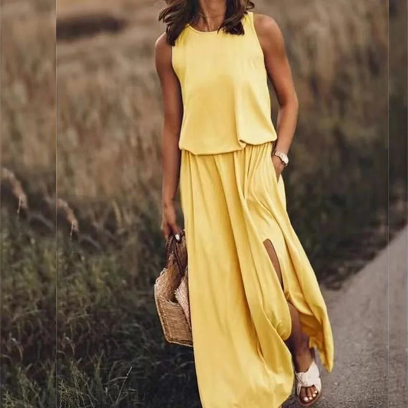 Women's Summer Sleeveless Maxi Dresses 2026 New Arrival Solid Color Casual Long Dress with Side Slit Dress for Ladies ﻿