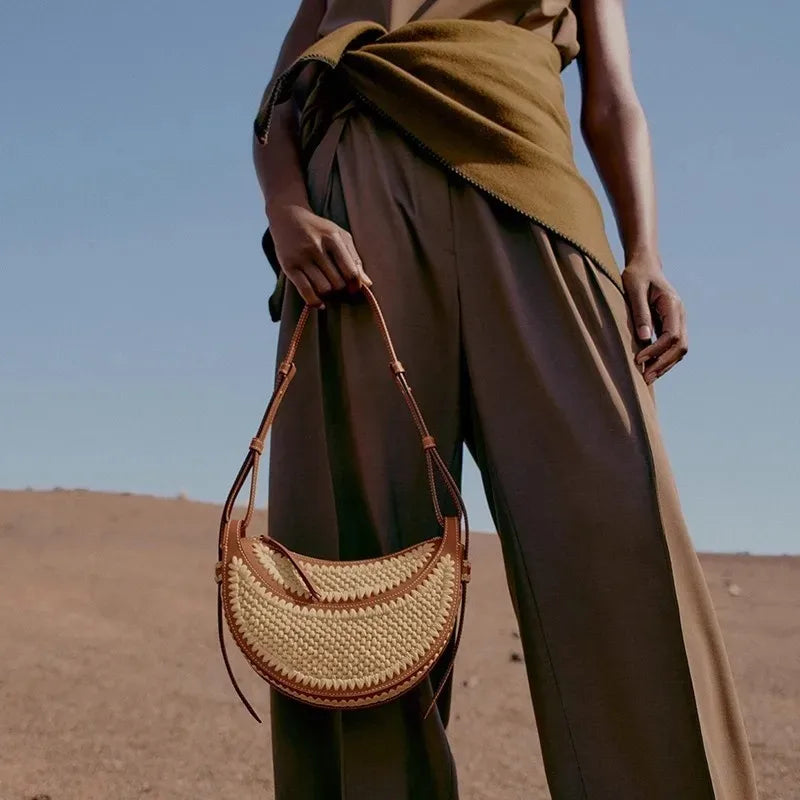 Women’s Woven Tote Bag, Large Capacity Straw Beach Handbag, Simple Casual Shoulder Bag for Summer