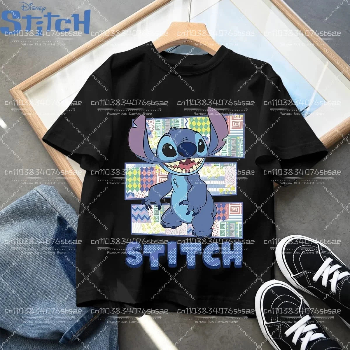 2026 Disney Children's Clothing, Stitch Cartoon Printed T-shirt, Round Neck Top for Boys and Girls, Soft Cotton Fabric Top