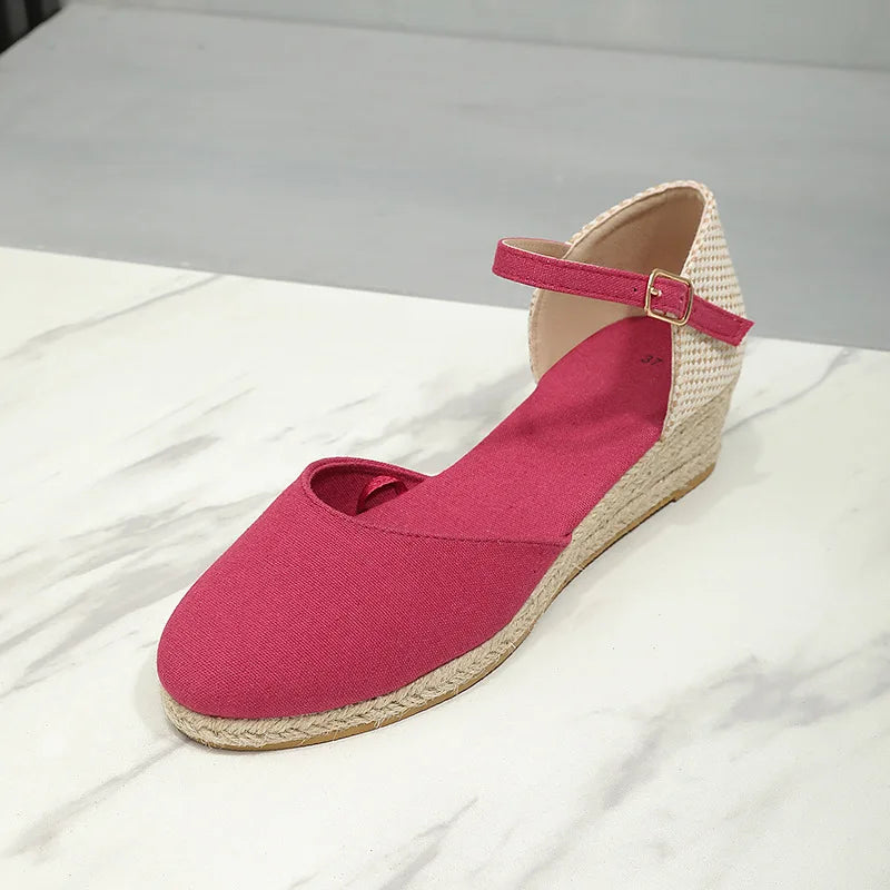 Baotou Sandals for Women's 2026 Summer Grass Woven Hemp Rope Slope Heel Shoes Women Round Toe Thick Sole Buckle Womens Sandals