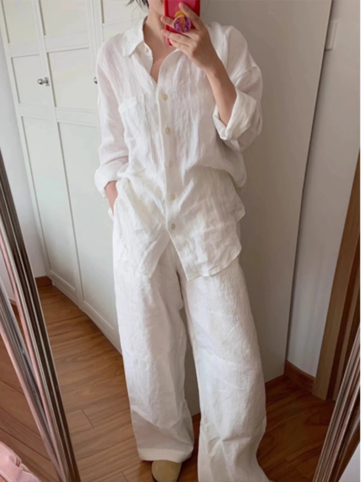 Fashionable Pure Color Cotton Linen Set Long Sleeve Single Button  Neck Shirt Elastic Waist Straight Leg Pants Two Piece Set