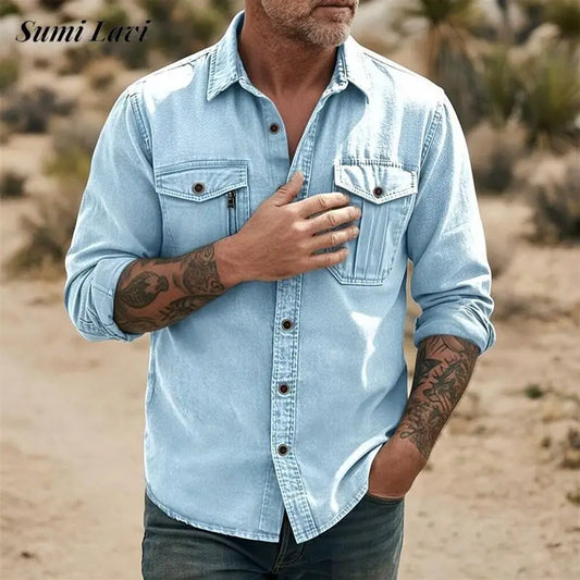 Fashion Mens Solid Color Cargo Shirt Linen Breathable Long Sleeve Buttoned Casual Shirts 2026 Spring Autumn Stylish Men Cardigan