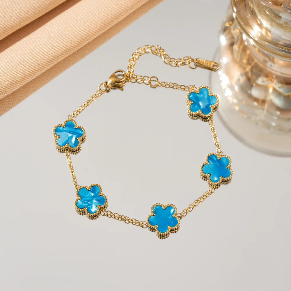 Double Sided Five-Leaf Flower Bracelet For Women Adjustable 18k Plated Gold Stainless Steel Five Point Star Clover Party Jewelry