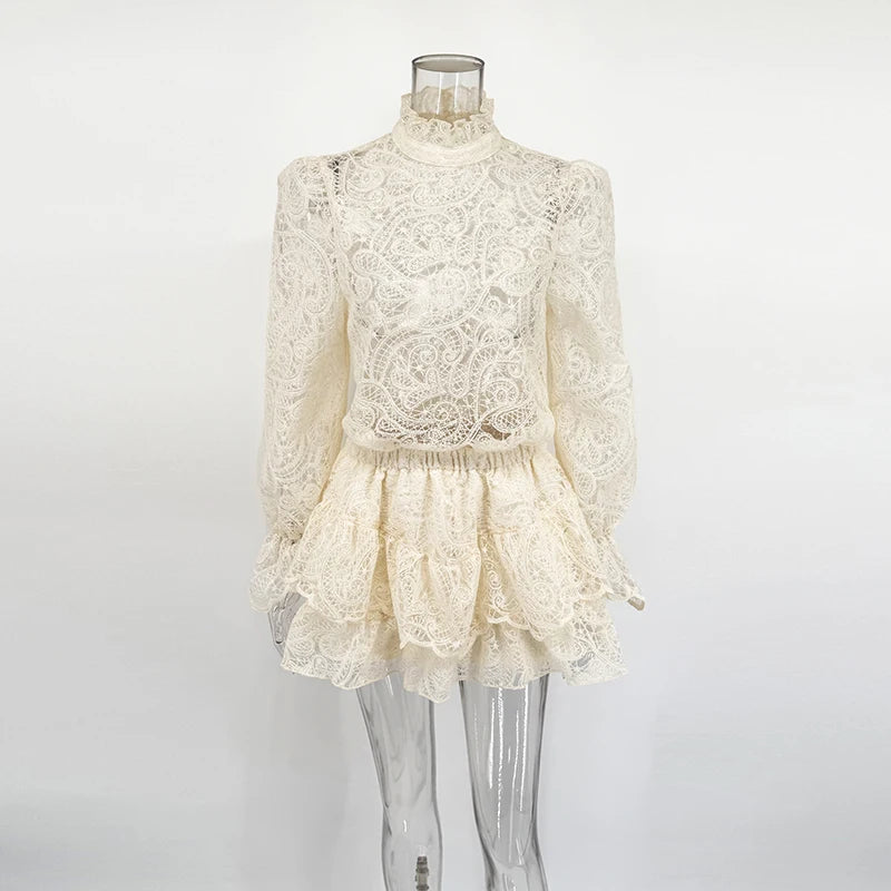 Typhaland 2026 New Lace Hollow Two Piece Skirt Suit Women's Turtleneck Lantern Sleeve T shirt Sexy Loose Shorts Skirt Casual Set