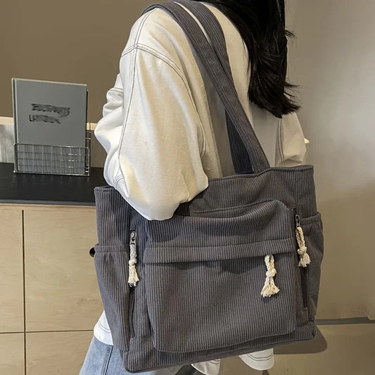 Travel Master Corduroy Shoulder Bag Handbag with Zipper Multiple Pocket Tote Bag For Women Solid Color Daily Commuter Handbag