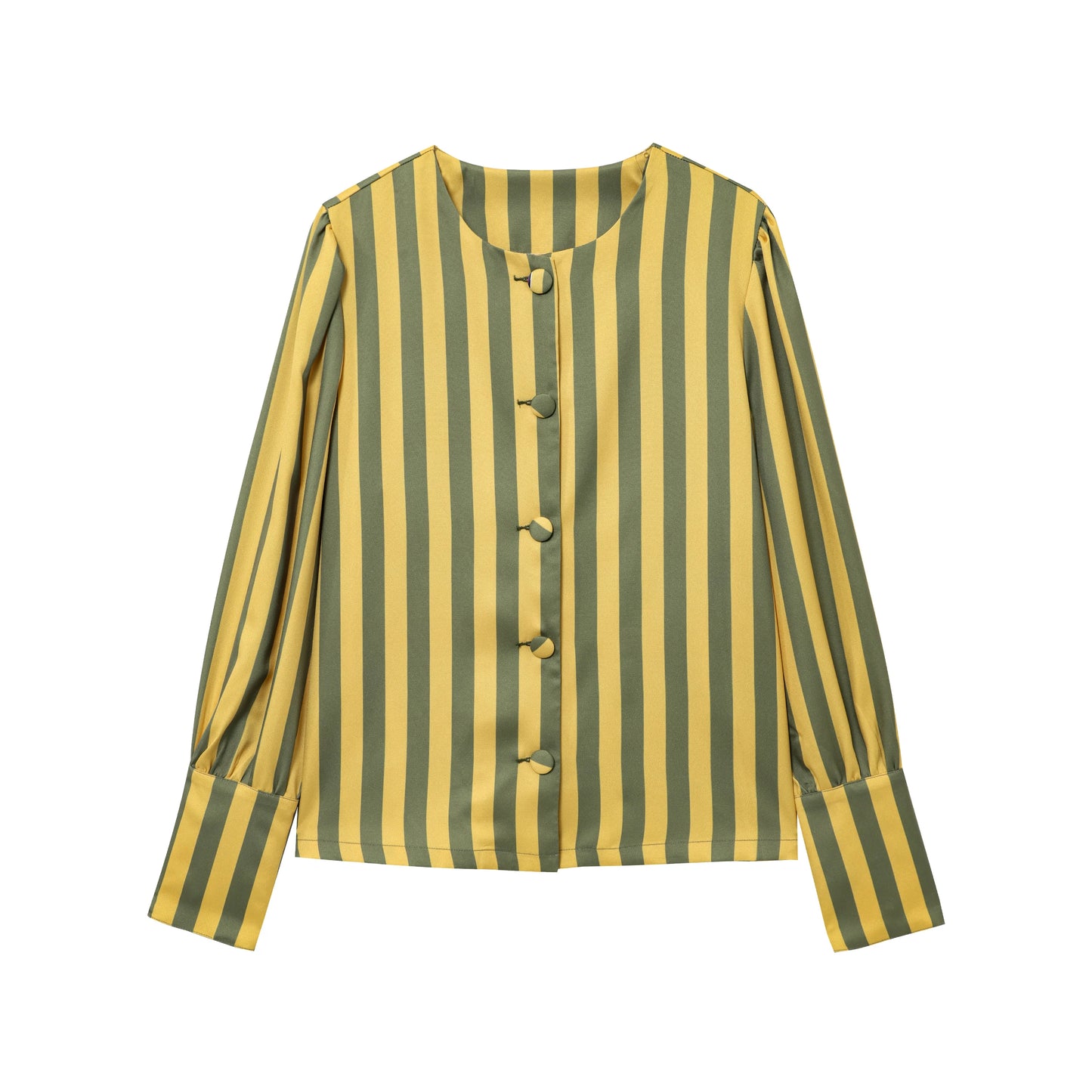 Women Striped Jacket Coat 2026 Autumn Female Chic Women's Fit Shirt O-neck Puff Sleeve Single Breasted Outwear Coats