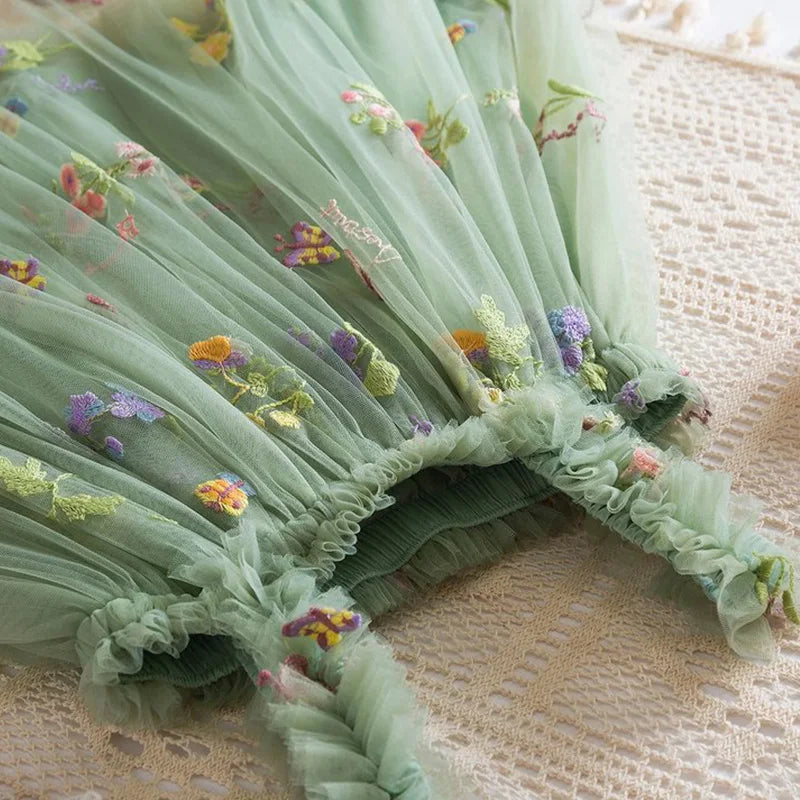 Summer New Sweet Girls' Little Sling Dress Children's Bow Floral Embroidery