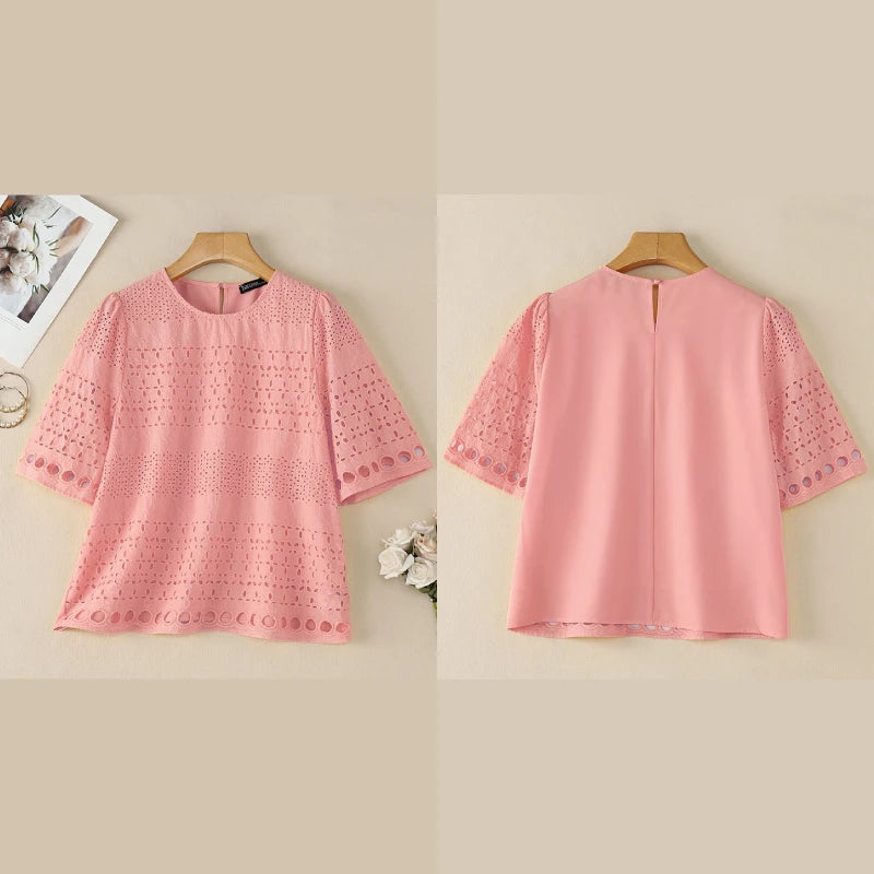 ZANZEA Summer Openwork Embroidered Woman Blouses O-Neck Half Sleeve Patchwork Pullover Tops Bohemian Casual Blusas de Mujer