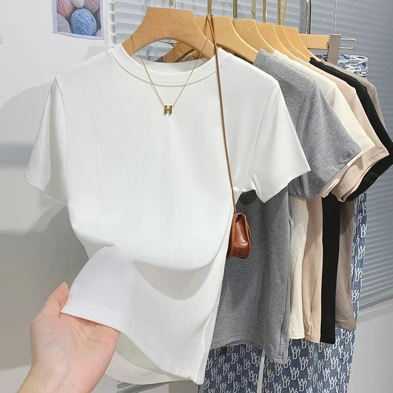 2026 New Women's 100% Cotton T-shirt Bottoming Basic Solid Lady Short Sleeve Tops Shirts Summer T Shirt