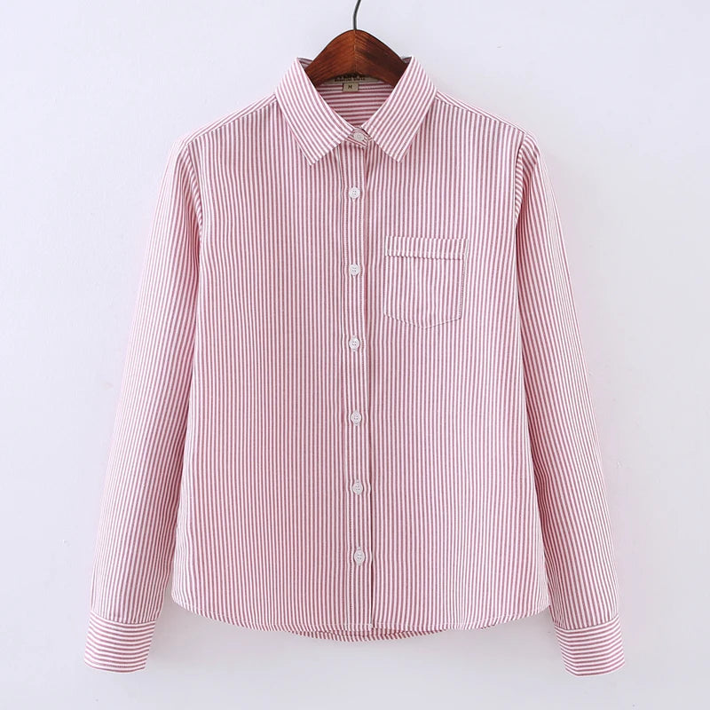 Cotton White Blue Pink Striped Shirt Women 2026 Spring New Simple Casual Lapel Long Sleeve Blouses & Tops Office Ladies Clothes