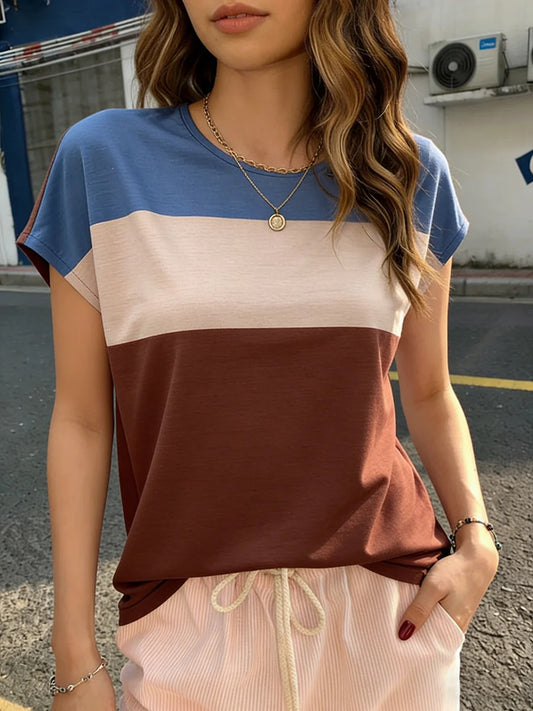 Women's T-Shirt Round Neck Short Slv Color Block Soft Loose Tops Casual Tee Spring Summer Trendy T-Shirt Daily Breathable Tops
