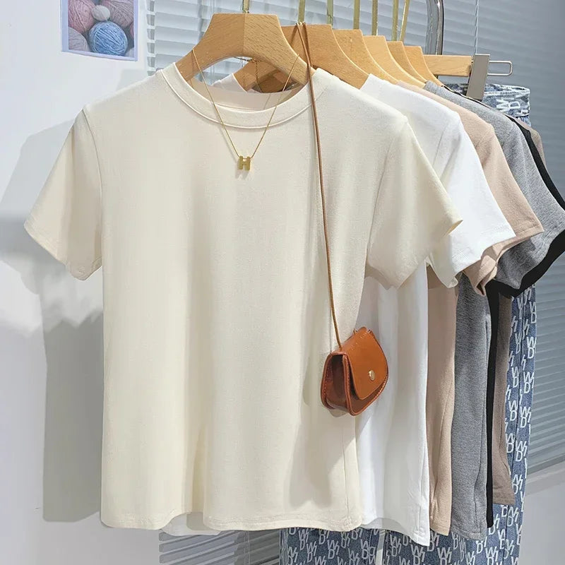 2026 New Women's 100% Cotton T-shirt Bottoming Basic Solid Lady Short Sleeve Tops Shirts Summer T Shirt