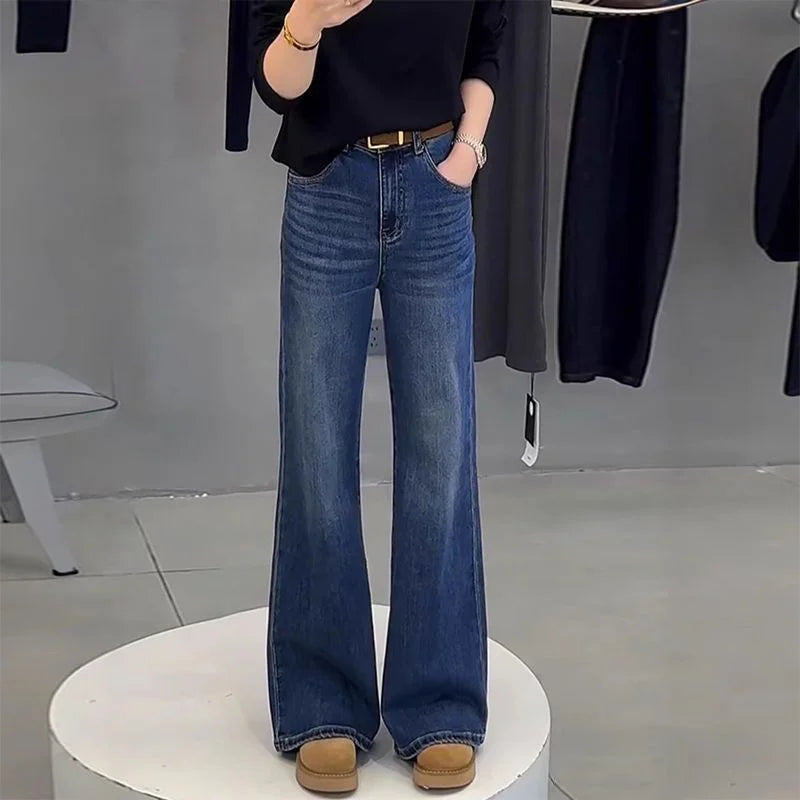 plus Size High Waist Straight Leg Bell Bottom Jeans Women's Spring Autumn New Style Slimming Floor Length Pants Fat MM
