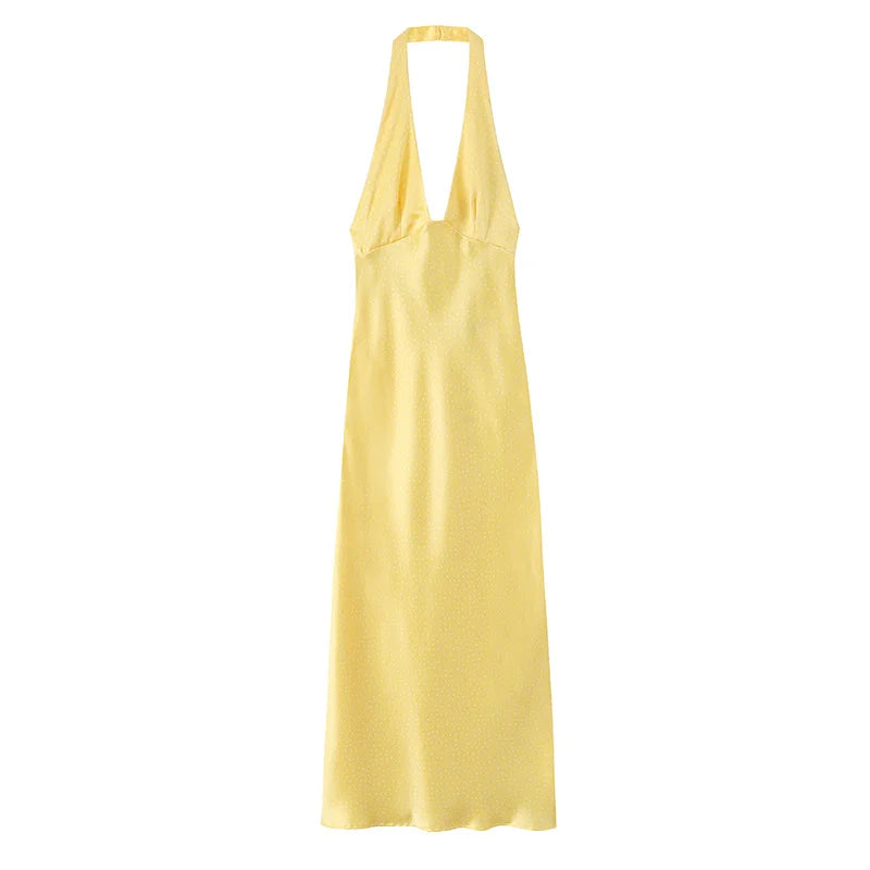 Women's Dress 2026 Summer New Style Yellow Halter Neck Satin Texture Sexy Backless Long Dress Elegant and Stylish Personality