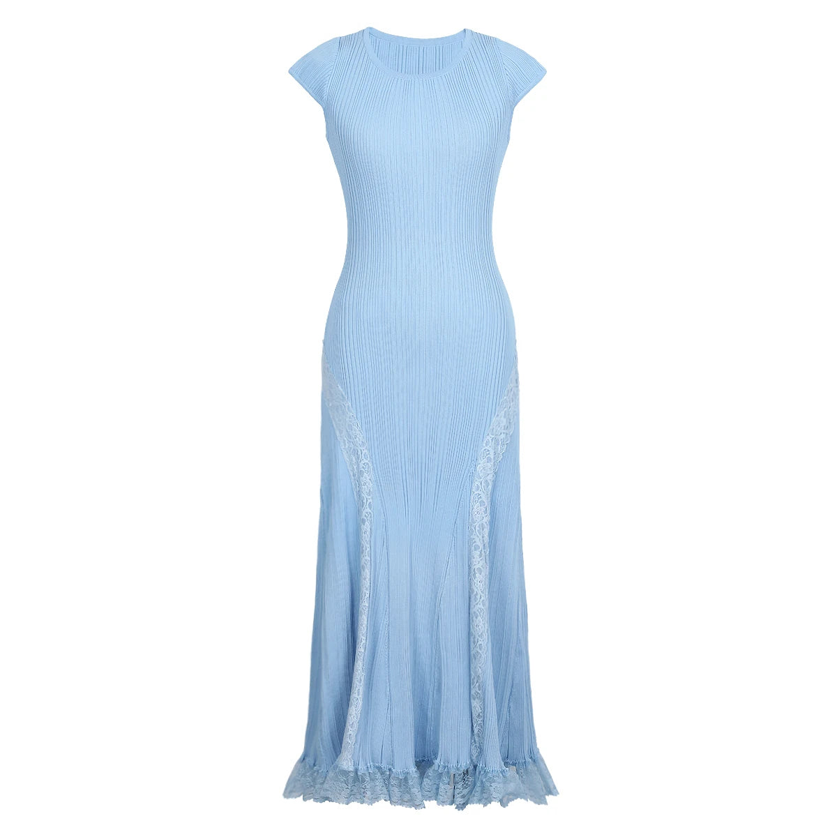 High Quality Summer New Fashionable Elastic Knitted Solid Color Short Sleeved Dress With Lace Edge Slimming Women's Dress