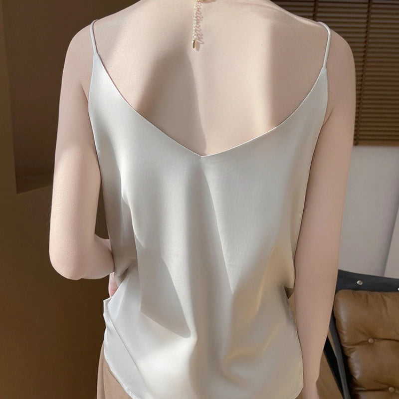 Summer Satin Women Camisole Sexy Sleeveless V-Neck Solid Spaghetti Strap Tank Tops French Fashion Soft Bottoming Shirt Innerwear