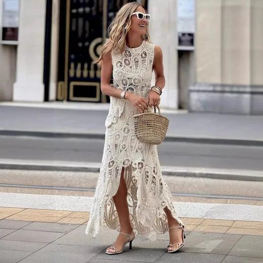 Elegant White 2 Piece Crochet Lace Outfit for Women Sleeveless Crop Top High Maxi Skirt Hollow Out Knit Party Beach Dress Set