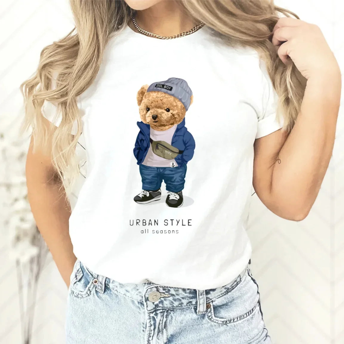 New Couple Teddy Bear Print T-shirt Europe and The United States Fashion Crew-neck Top Woman Tops Oversized T Shirt  Harajuku