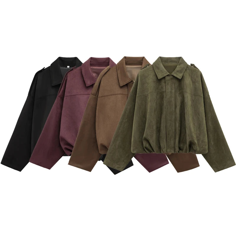 2026 Women's Bomber Jacket Lapel Long Sleeve Zipper Suede Jacket Women New High Street Cropped Racing Jackets Coats Outerwears