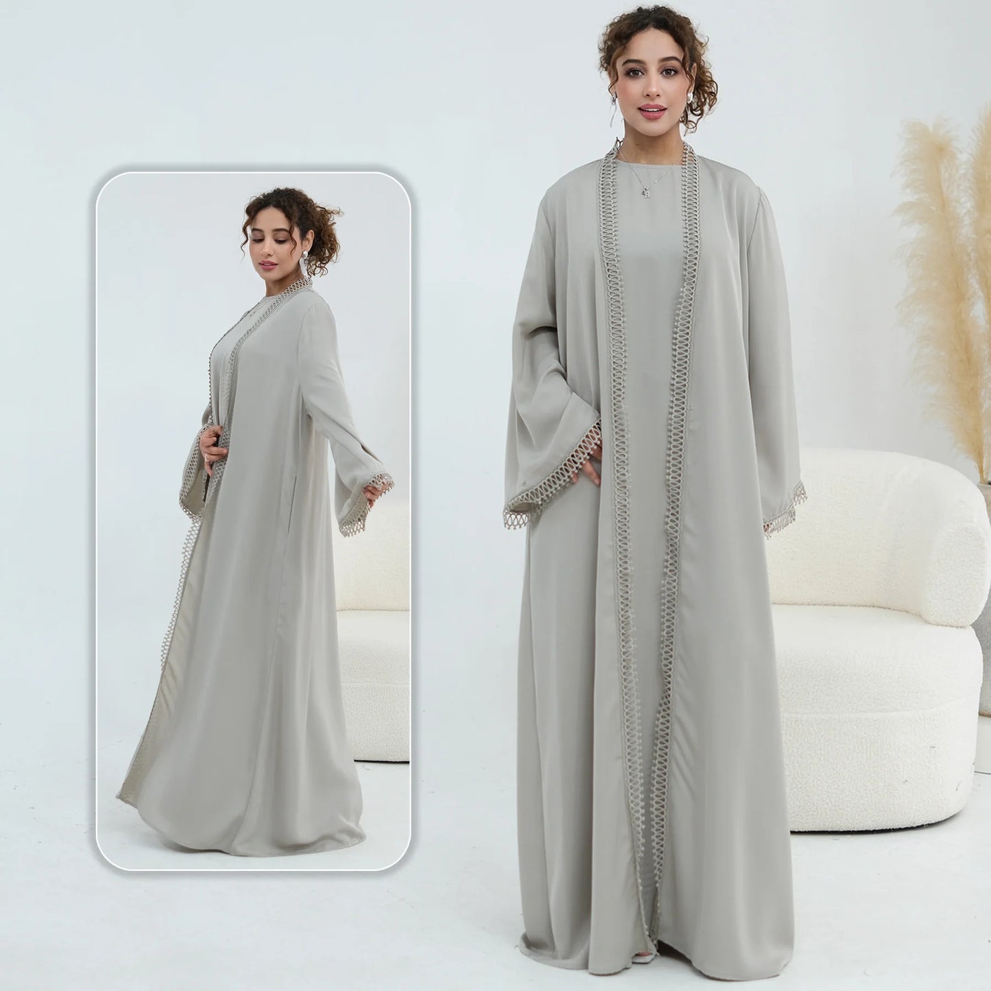 Women Abaya Set for Eid Party Events Resort Wear-Loop Lace Trim Kimono Robe&Sleeveless Dress