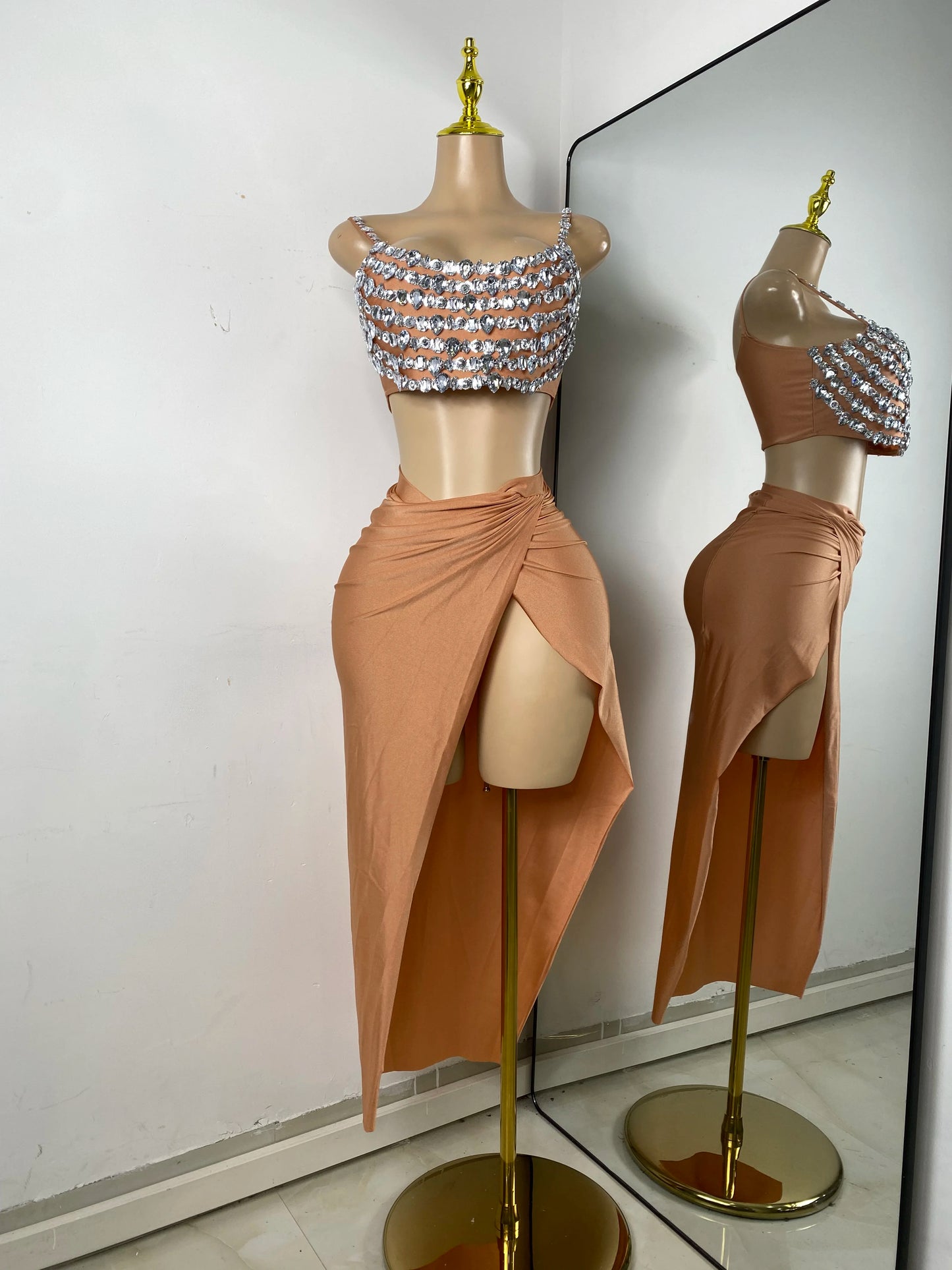 Women Sexy Sparkly Diamonds Crop Top Two Piece High Split Mesh Sheer Outfit Birthday Dress Nightclub Dancer Performance Costume