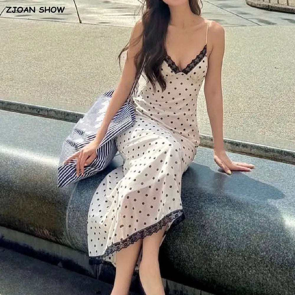 Sexy Milky Black Polka Dot Print Spliced Lace Ruched V Neck Sling Dress Women No Back Backless A-line Long Vestidos Robe Holiday