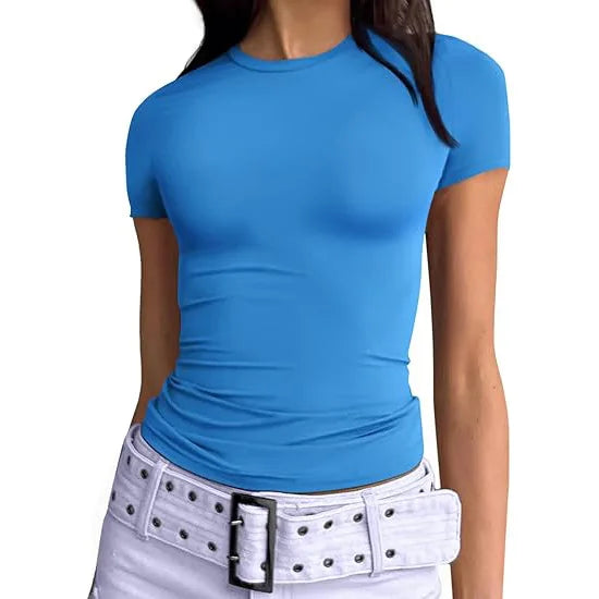 1pcs Women's Sport T-shirt Girl Solid Basic Fitness Running Yoga Tees Lady Short Sleeve Slim Sexy Round Neck Casual Shirts Tops